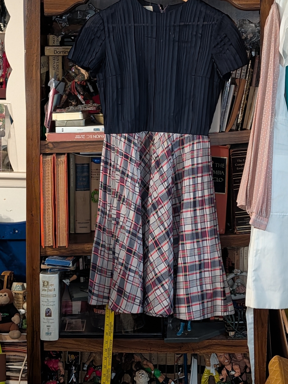 Pleated Navy Top with Red & White Plaid Midi Dress
